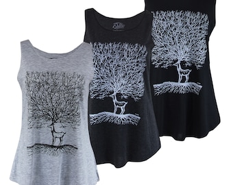 Original Ladies Cool Cotton Sleeveless Tank Top | Deer Antler Tree of Life Screen Print | Handmade Flared Swing Vest