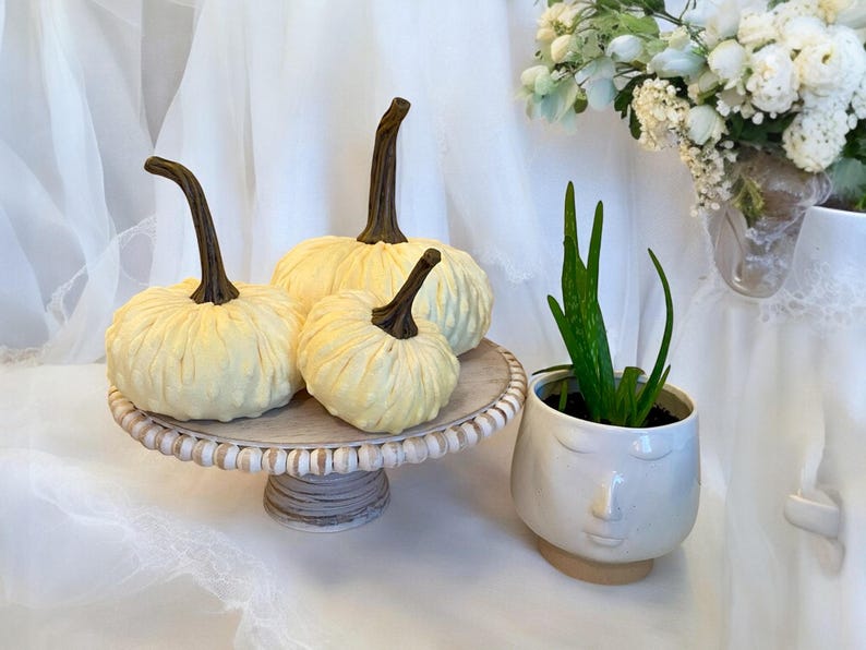 May include: Three white pumpkins with brown stems on a white beaded cake stand. A white ceramic planter with a face design holds a green succulent plant.
