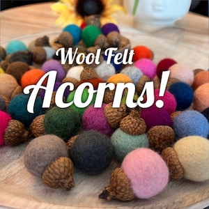 May include: A collection of colorful felt acorns, with a variety of colors including red, pink, blue, green, and brown. The acorns are arranged in a circle on a wooden surface. The text "Wool Felt Acorns!" is written in white letters on a black background.