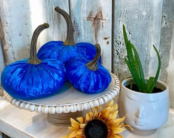 Crushed Velvet Pumpkin Set of 3 Wedding Centerpieces Blue Crushed Velvet Home Decor Trend Modern Rustic Farmhouse Decor Coastal Home Chic