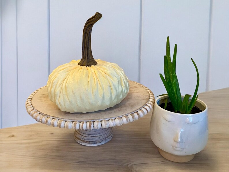 May include: A white ceramic planter with a face design, featuring a green succulent plant. A white pumpkin sits on a wooden pedestal with a beaded edge.