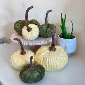 May include: Five decorative pumpkins, two green velvet pumpkins and three white pumpkins with a ribbed texture, on a white cake stand with a beaded edge. A small potted plant with green leaves is in the background.