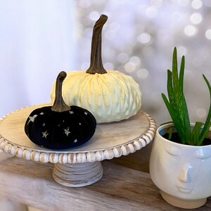 May include: Two decorative pumpkins on a white cake stand. The larger pumpkin is white with a textured surface. The smaller pumpkin is black velvet with gold glitter stars. A potted succulent plant is in the background.