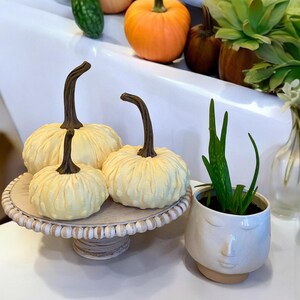 May include: Three small white pumpkins with brown stems are arranged on a white pedestal with a beaded edge. The pedestal is on a white surface. A small potted succulent plant is in the foreground.