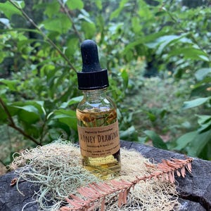 May include: A clear glass bottle with a black dropper top, filled with a yellow liquid and botanical elements. The label reads "Money Drawing" with additional text. The bottle rests on a bed of dried moss and a brown leaf, set against a blurred green background.