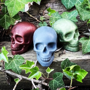 Puede incluir: Tres esculturas decorativas con forma de cráneo hechas de un material liso y sólido. Los cráneos están pintados en tonos de rojo, azul y verde. Los cráneos están dispuestos sobre una superficie de madera con hojas de hiedra verdes.