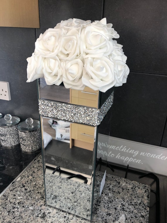 Tall mirrored vase with crushed crystal diamond strip with Etsy