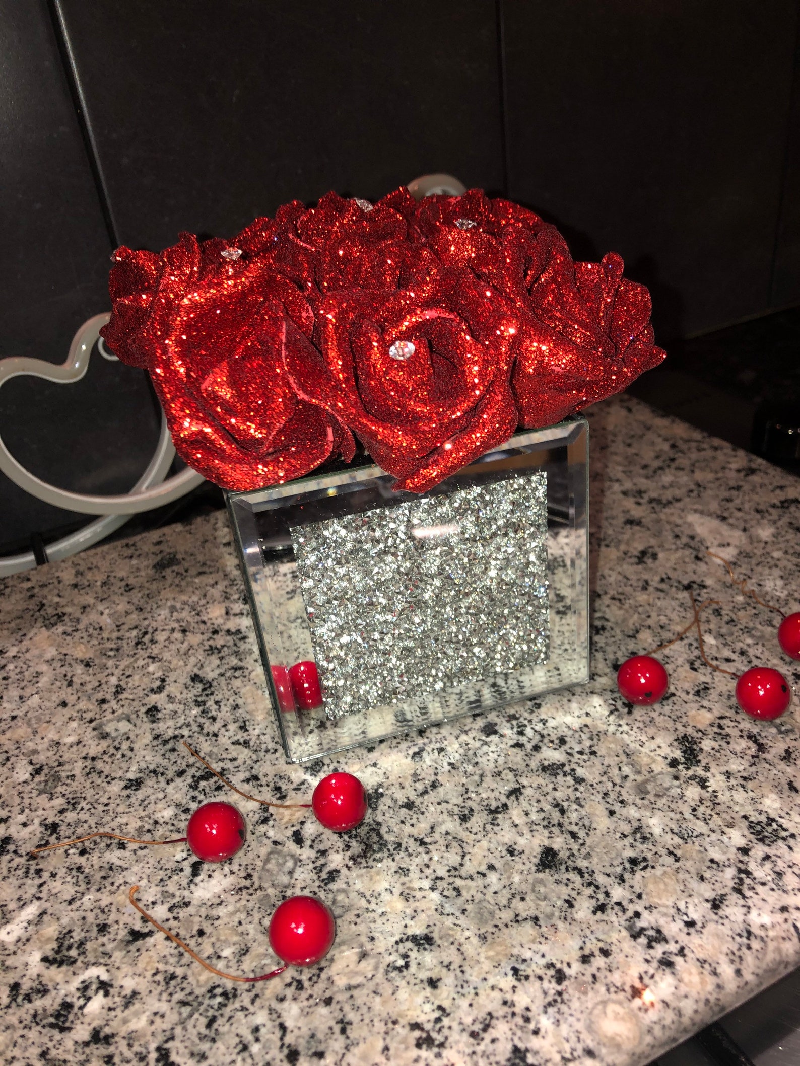 Crushed diamond mirrored vase with red glitter roses Etsy
