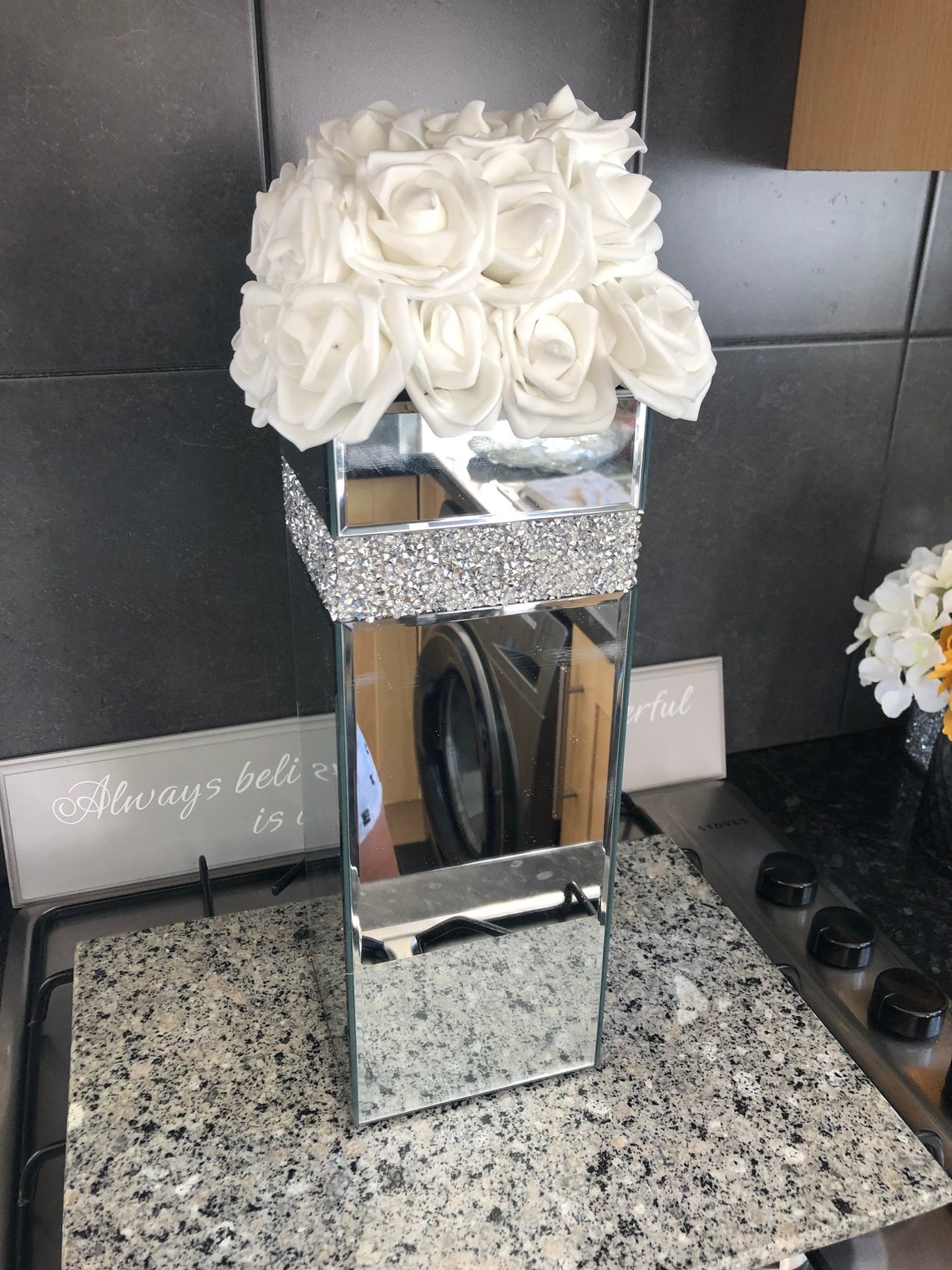 Tall mirrored vase with crushed crystal diamond strip with Etsy