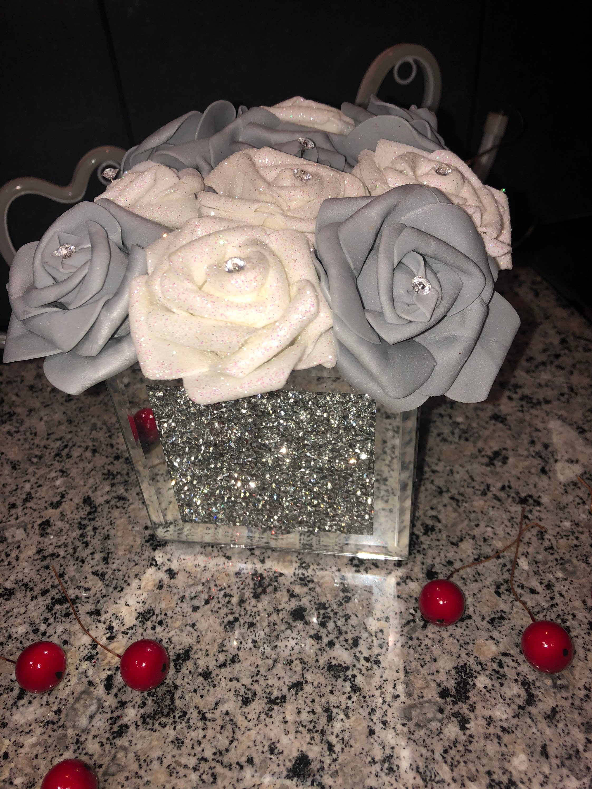 Crushed diamond vase with grey and white glitter roses Etsy