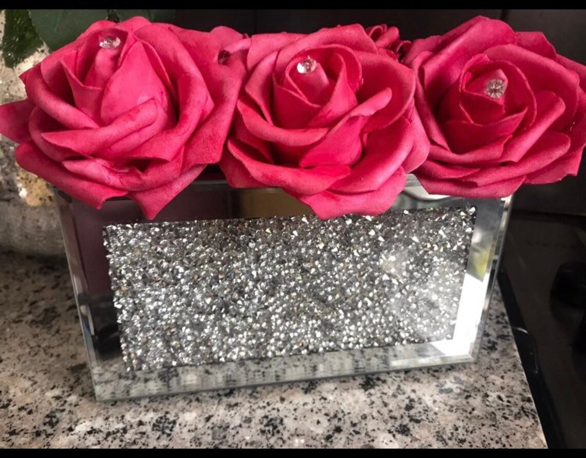 Crushed diamond vase with deep pink roses Etsy
