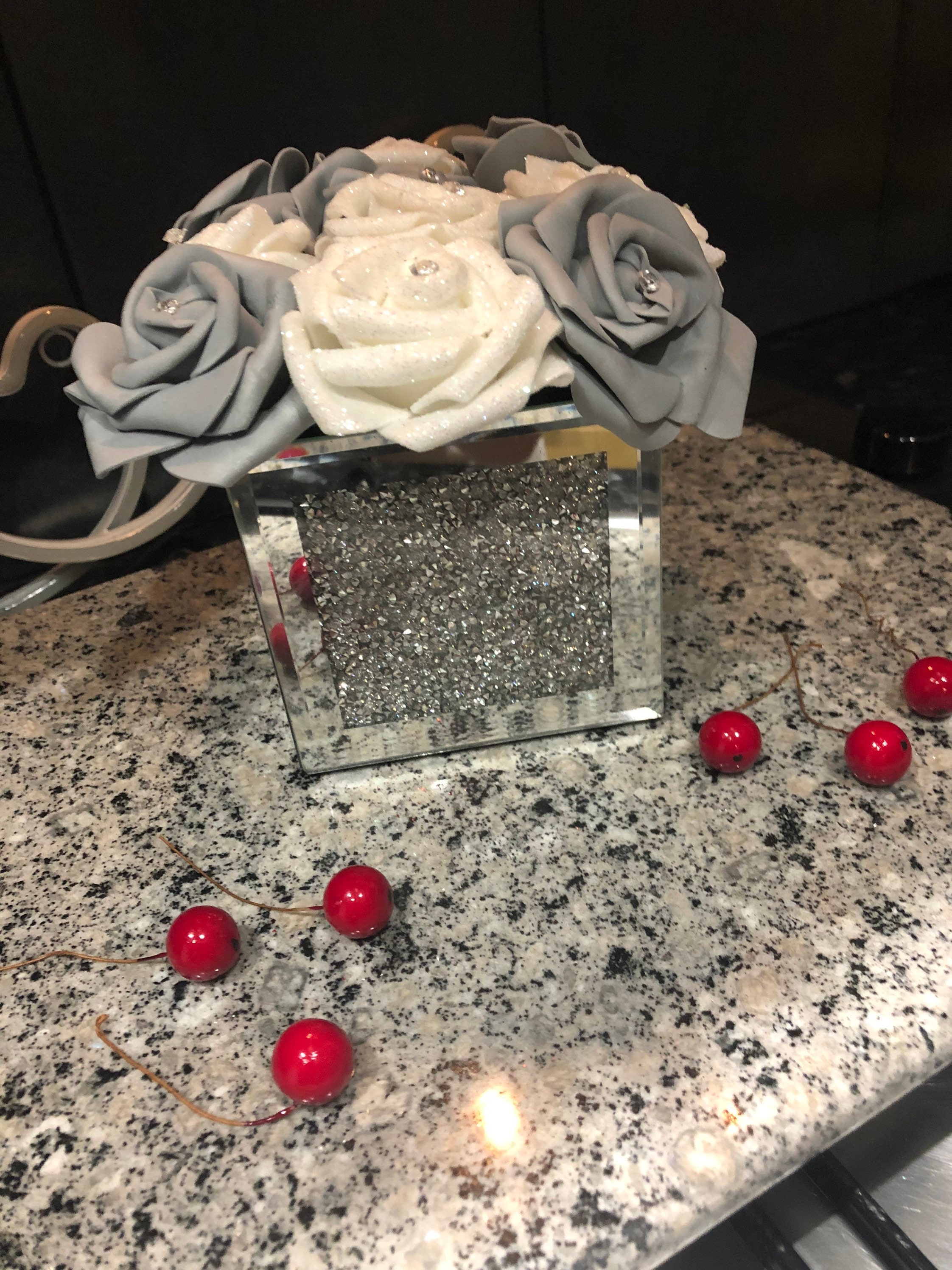 Crushed diamond vase with grey and white glitter roses Etsy