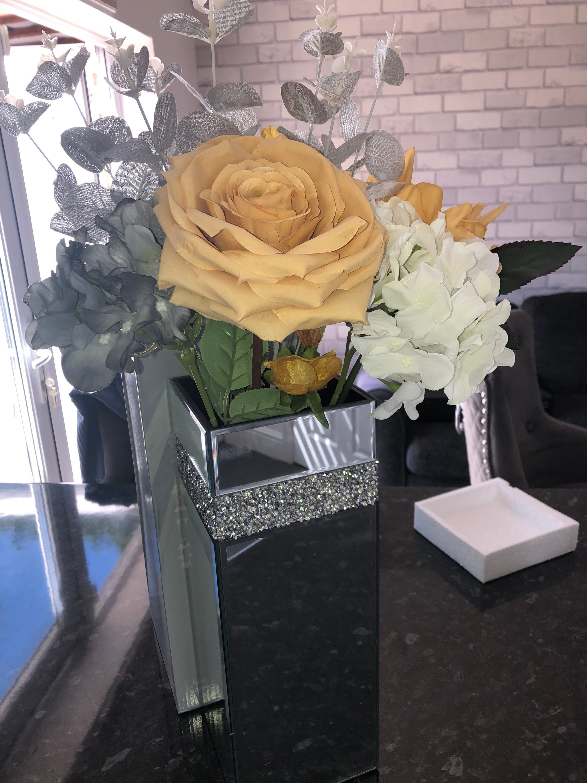 Tall mirrored vase with crushed crystal diamond strip with Etsy