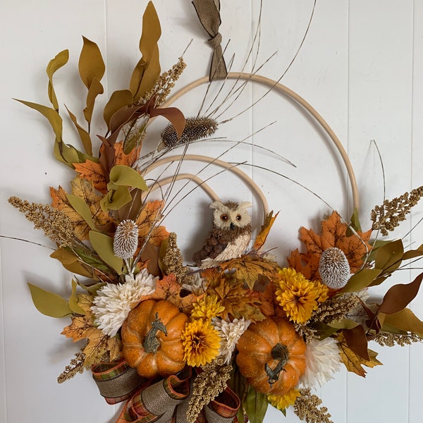 Whimsical Pumpkin and Owl Wreath