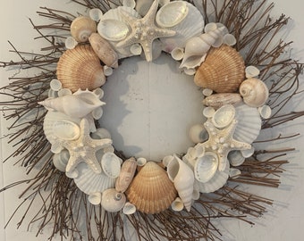 18” Coastal Shell Wreath in White,Terracotta, and Gray