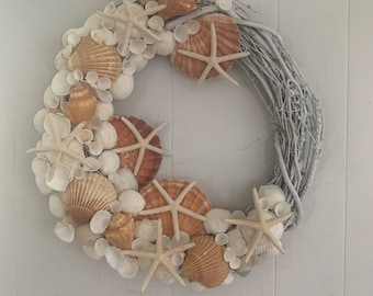 Coral and White Seashell Wreath with Starfish