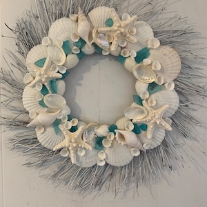 Turquoise Sea Glass and White Mixed Shell Wreath