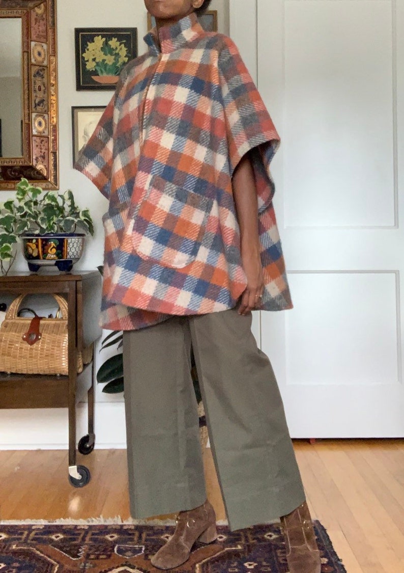 BEMIDJI Woolen Mills Plaid Wool Poncho Pullover Cape Coat Jacket Made in USA
