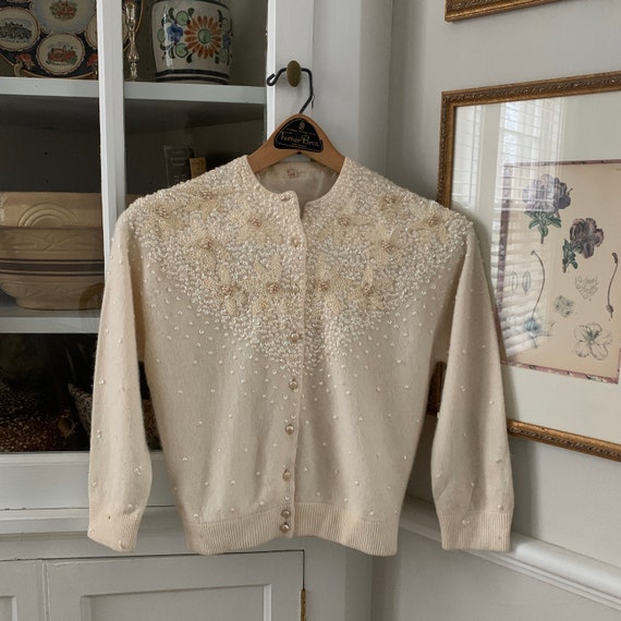 50s Cream Beaded Cardigan Sweater
