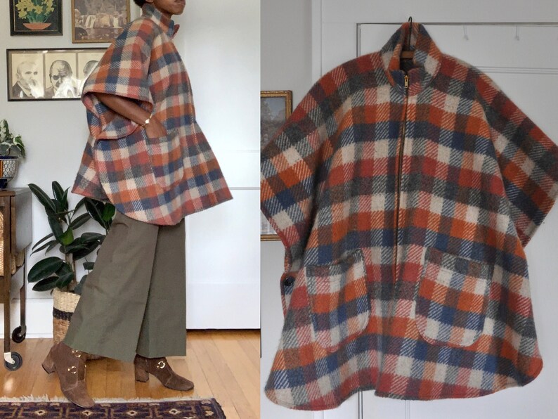 BEMIDJI Woolen Mills Plaid Wool Poncho Pullover Cape Coat Jacket Made in USA