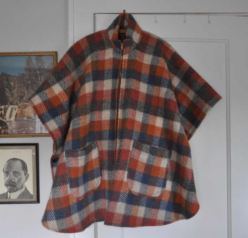 BEMIDJI Woolen Mills Plaid Wool Poncho Pullover Cape Coat Jacket Made in USA