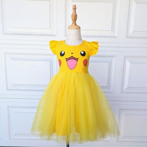 Pikachu Inspired Pokemon dress with Tulle and Flutter Sleeves for girls toddlers kids handmade custom