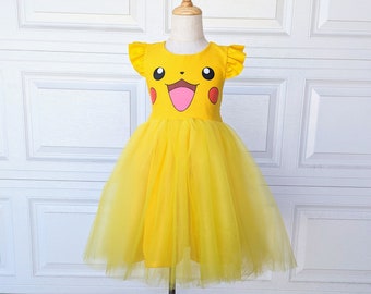 Pikachu Inspired Pokemon dress with Tulle and Flutter Sleeves for girls toddlers kids handmade custom