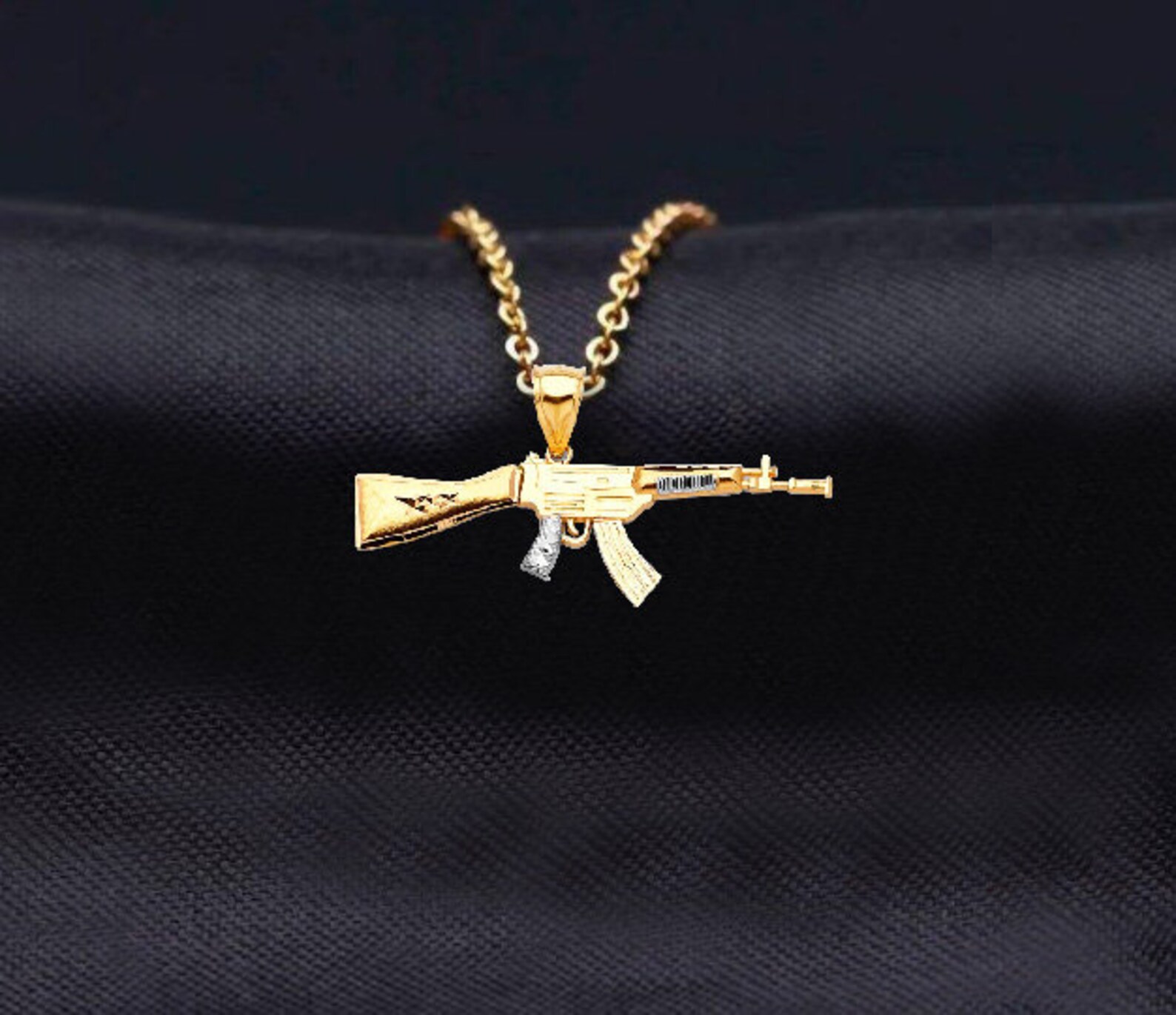 14K Solid Yellow White Rifle Gold Necklace AK47 Gun Link Etsy