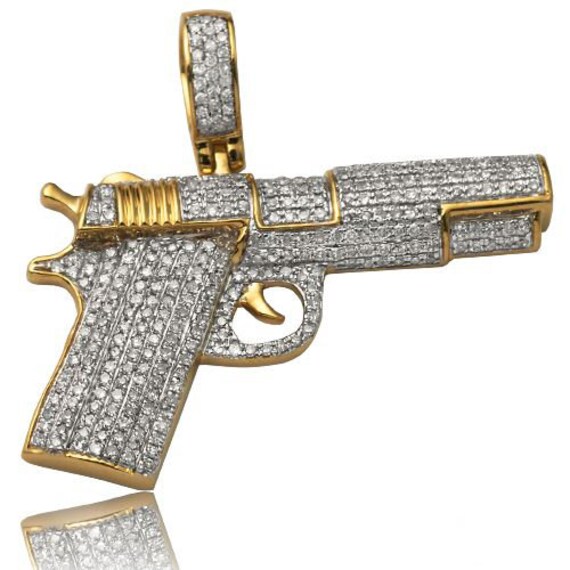 10K Yellow Gold Diamond Uzi Machine Pistol Gun Pendant Pave, 42% OFF