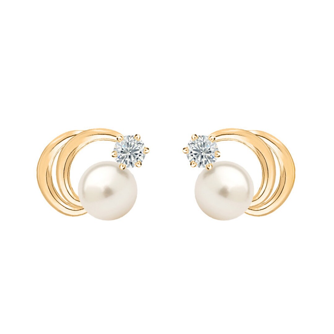 Moon and Star Pearl Gold Earrings Solid 14K CZ Diamond Screw - Etsy