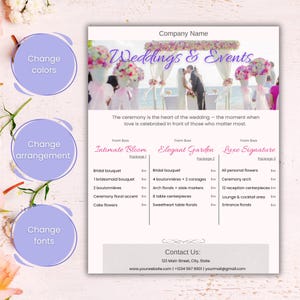 May include: A wedding and events services advertisement. The image features a photo of a wedding ceremony with floral arrangements. Text includes package options, contact information, and the phrase "Weddings & Events."