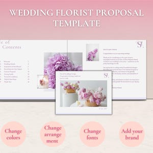 May include: A wedding florist proposal template with a soft pink gradient background. The template includes a table of contents, floral images, and text. The words "Wedding Florist Proposal Template" are at the top. There are also options to change colours, fonts, and arrangement, and add a brand.