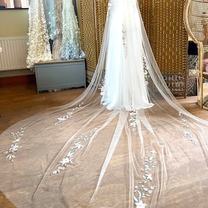 JASMEENA - Embroidered flower and vine wedding veil. bespoke goddess veil Handmade to order. Flower veil. Cape veil. Fingertip veil