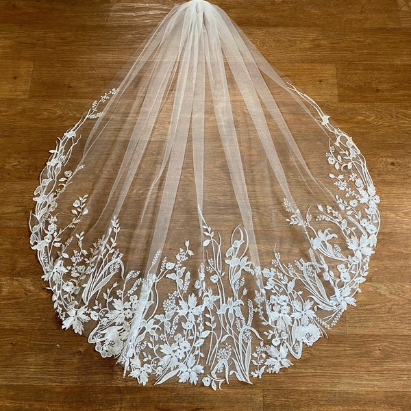 FRANGIPANI - Delicate wildflower embroidered wedding veil. bespoke veil Handmade to order. Flower veil. Cape veil. Fingertip veil