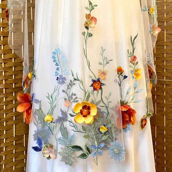 PAPAVER - Colourful wildflower embroidered wedding veil. Flower edging. Handmade to order. Bright floral veil. Cape veil. Fingertip veil