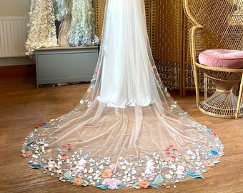 BLOSSOM - Delicate wild flower embroidered wedding veil. 3D flower bespoke veil. Pastel colour flower veil. Cape veil. Fingertip veil