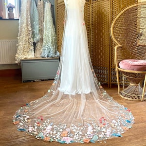 BLOSSOM - Delicate wild flower embroidered wedding veil. 3D flower bespoke veil. Pastel colour flower veil. Cape veil. Fingertip veil