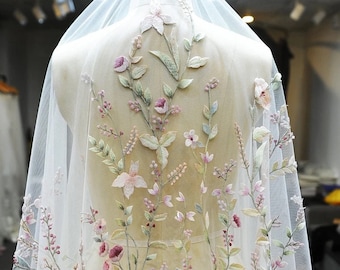 SAKURA - Delicate wild flower embroidered wedding veil. 3D flower bespoke veil. Pastel colour flower veil. Cape veil. Fingertip veil
