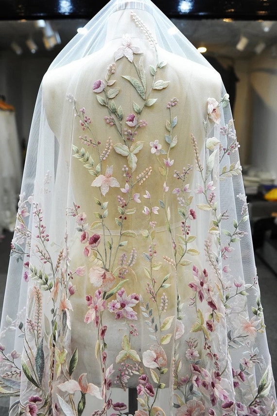 SAKURA - Embroidered Flower Wedding Veil: 3D Wildflower, Pastel Colour Veil. Customisable