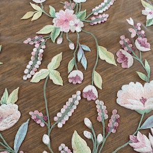Puede incluir: Primer plano de tela floral bordada. El dise&ntilde;o presenta flores rosas claras y moradas con hojas verdes y amarillo p&aacute;lido. El bordado est&aacute; sobre un fondo transparente de tono marr&oacute;n, creando un patr&oacute;n delicado y detallado. El patr&oacute;n floral es un dise&ntilde;o repetitivo.