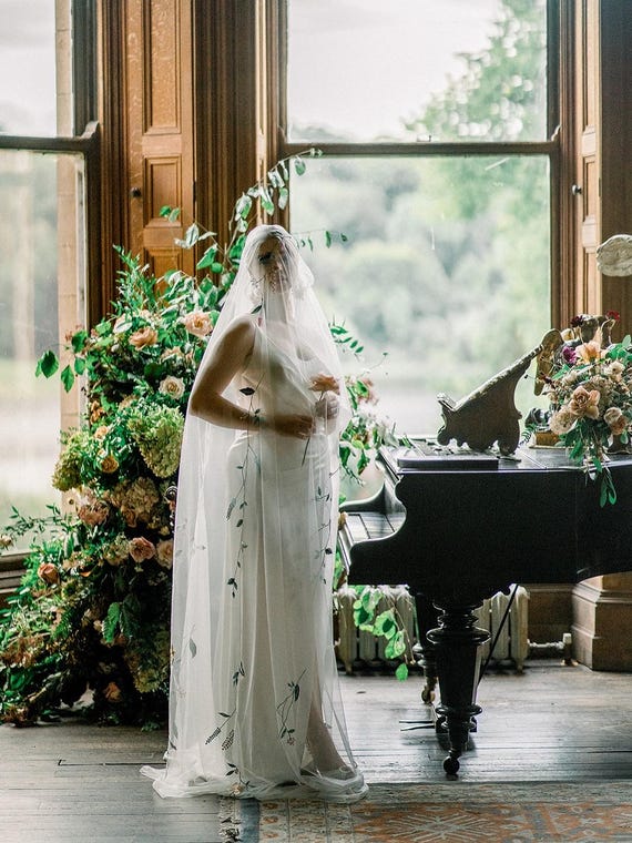 ORCHID - Embroidered Flower and Trailing Vine Wedding Veil  display picture 1