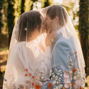 BLOSSOM - Delicate wild flower embroidered wedding veil. 3D flower bespoke veil. Pastel colour flower veil. Cape veil. Fingertip veil