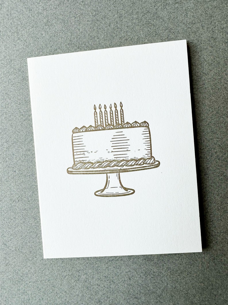 Gold Birthday Cake Letterpress Card Happy Birthday Card, Birthday Card