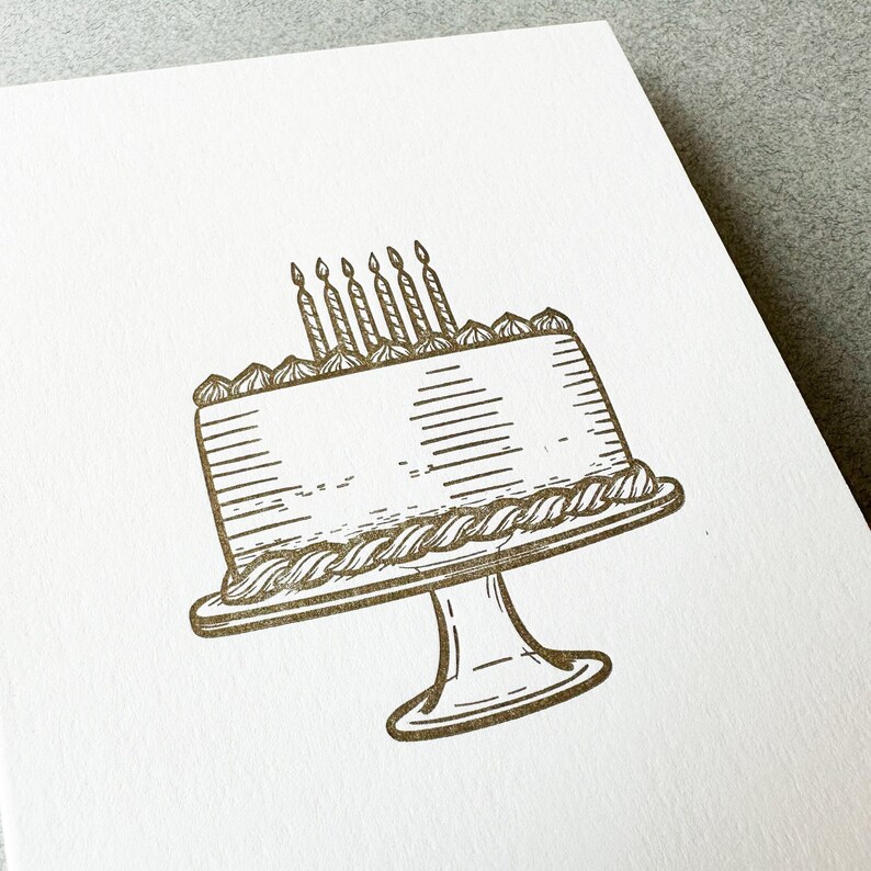 Gold Birthday Cake Letterpress Card Happy Birthday Card, Birthday Card