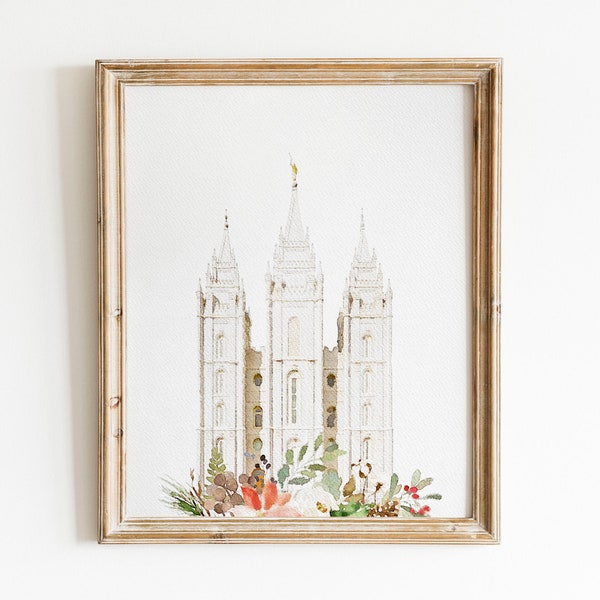 Christmas Salt Lake Temple Watercolor Print, Photograph Art Print, Home Decor Printable Digital Wall Art