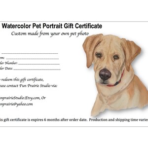 Certificado de regalo de Navidad, retrato de la mascota de la acuarela. Regalo instantáneo.  Retrato de perro. Regalo. Retrato de mascota personalizado. Regalo único para mascotas.