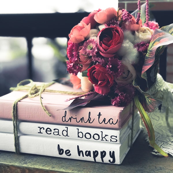 Blush quote book stack/ book lover gift/ library decor/ tea lover / shabby chic book decor/ Bibliophile gift ideas/ book club gift