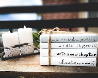 Retirement gift/ Parent gift/ New adventures book stack/ Book lover gift/ Shabby chic Book decor/ Bookends/ Home decor books