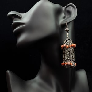 Antique Uzbek Earrings, Silver & Coral Bukhara Earrings, Vintage Ethnic Jewellery and Adornment