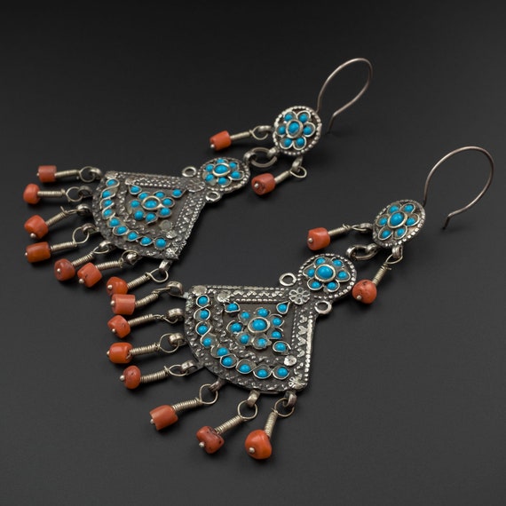 Vintage Silver, Coral & Glass Uzbek Earrings, Uzb… - image 3